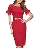 Women's Scoop Neck Contrast Belt Cocktail Party Pencil Dress