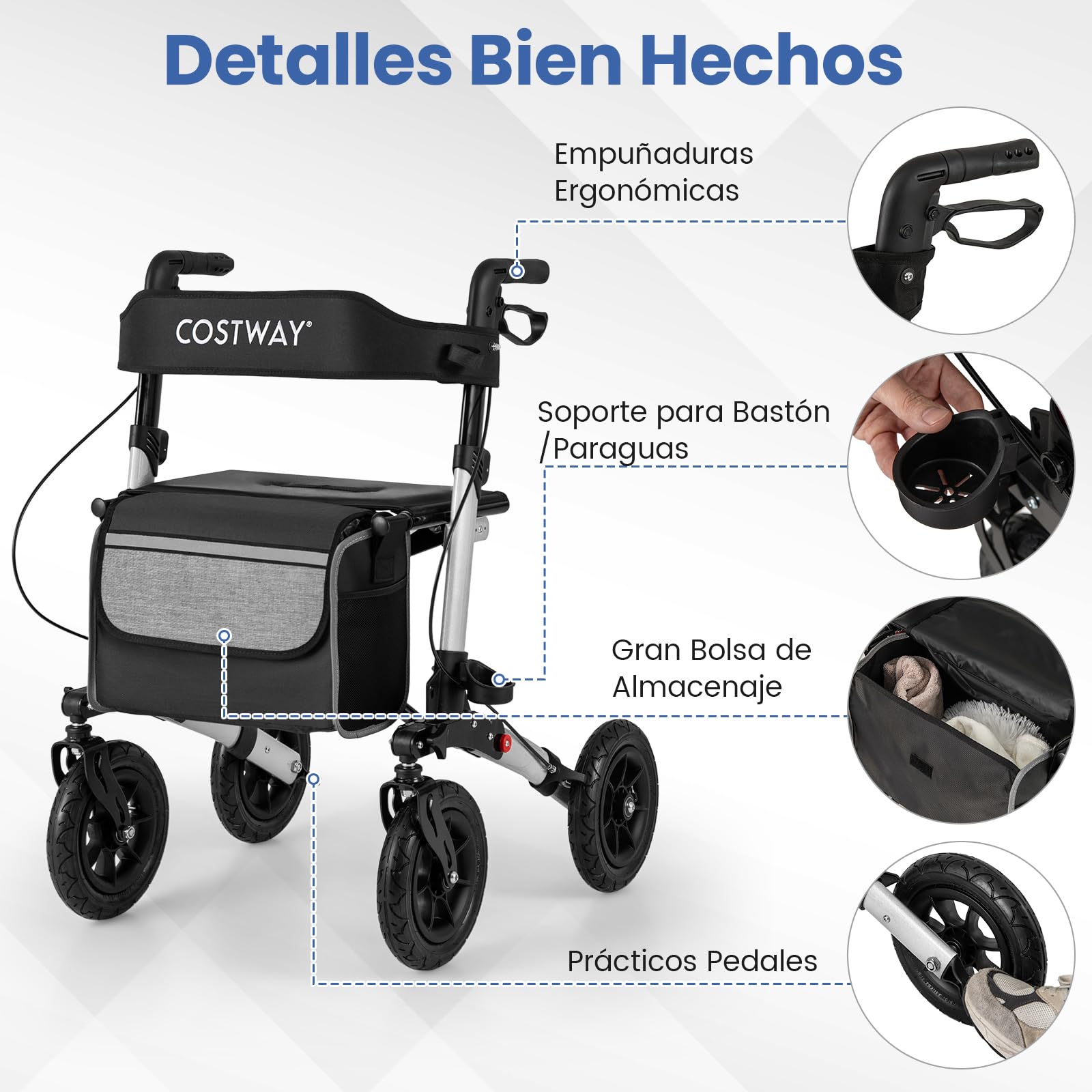 COSTWAY Andador para Ancianos con Asiento, Taca Taca Adultos Plegable, Altura Ajustable 81,5 a 97 cm, 4 Ruedas de Neumáticos, Caminadores para Mayores, Estructura de Aluminio Ligera (plata)