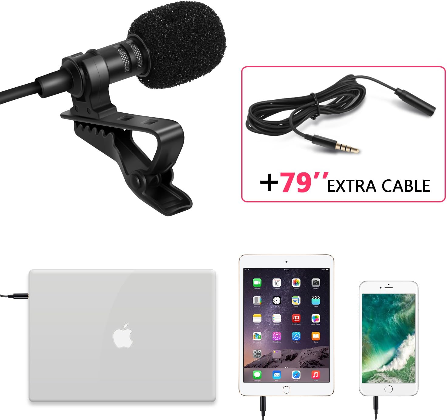 Lavalier Lapel Microphone, Amoner Omnidirectional Mic with Easy Clip On System for Macbook PC iPhone All Smartphones, Perfect for Recording Youtube/Skype/Interviews/Video Conference and more(Black)