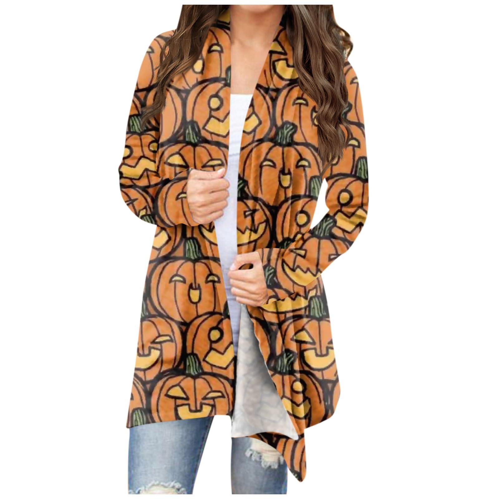 Cardigan for Women Cat Pumpkin Print Knitting Plus Size Coat Fall Open Front Long Sleeve Holiday Sweater Outwear