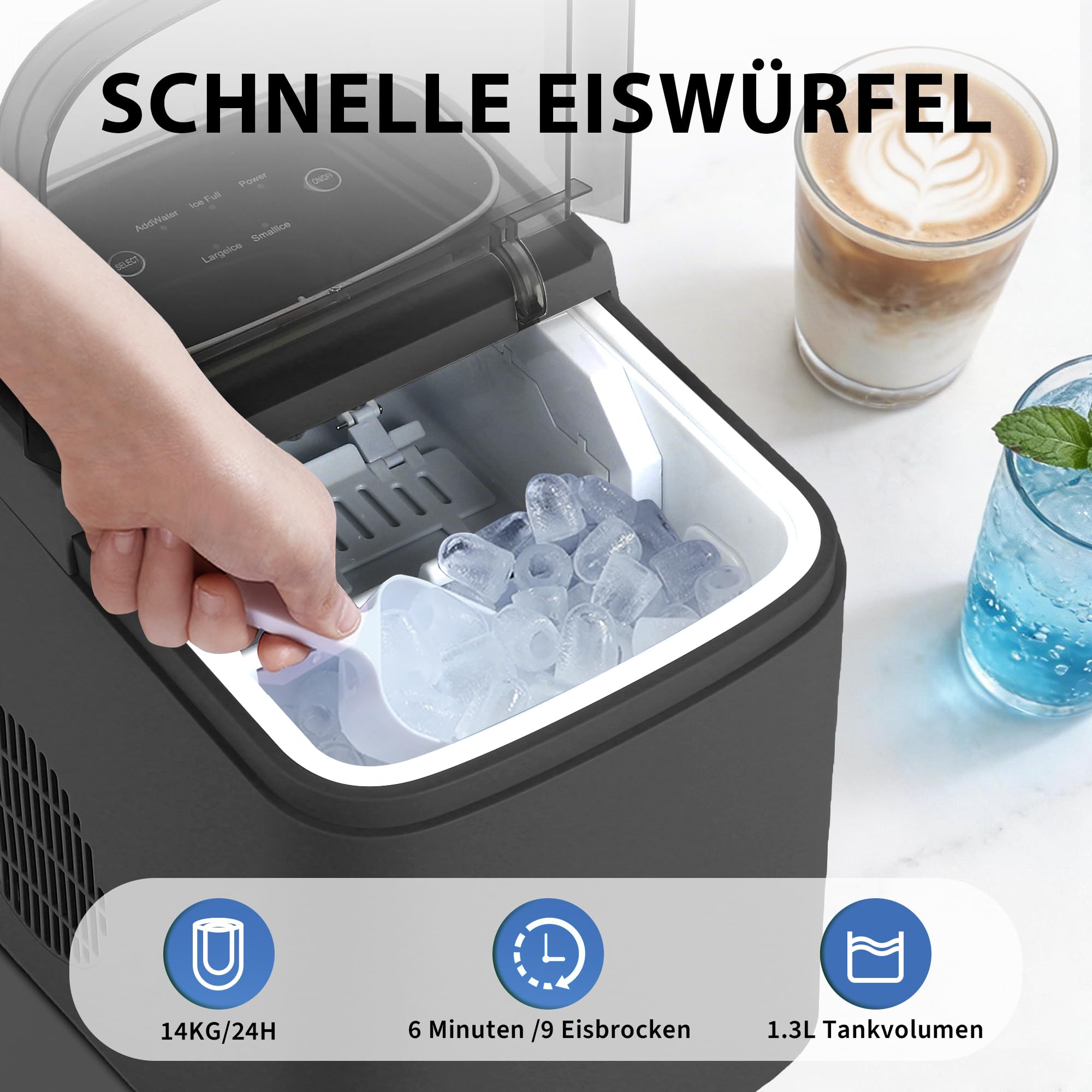 Citybee Eiswürfelmaschine Klein Kompakt & Leise - Schnell Eis 9 Würfel In 6 Min - 2 Eisgrößen Bis 14 Kg 24 H - Automatischer Stopp Selbstreinigung Tragbar Für Küche Büro Bar Party Grau