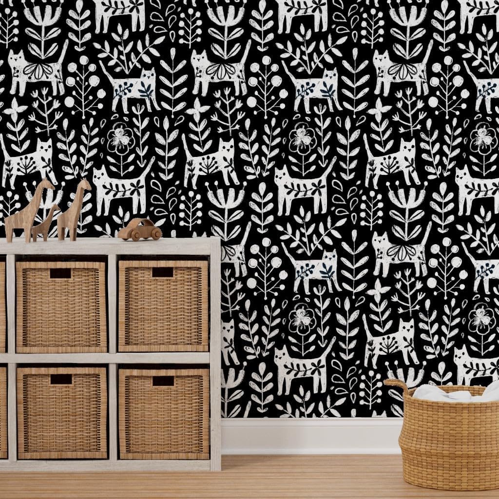 Removable Wallpaper 3ft x 2ft - Cat Black and White Floral Kitties Scandinavian Mod Vintage Style Custom Pre-Pasted Wallpaper by Spoonflower