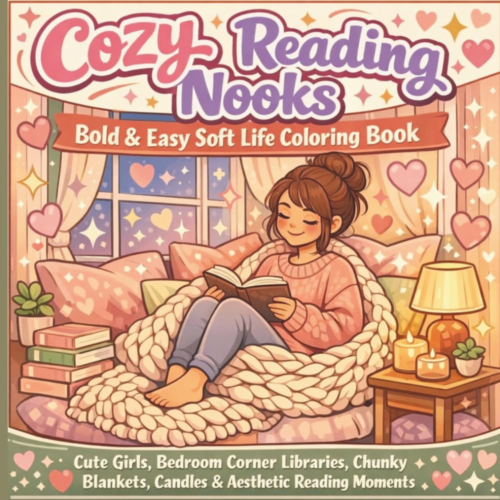 Cozy Reading Nooks: Bold & Easy Soft Life Coloring Book: Cute Girls, Bedroom Corner Libraries, Chunky Blankets, Candles & Aesthetic Reading Moments for Relaxing Cozy Coloring
