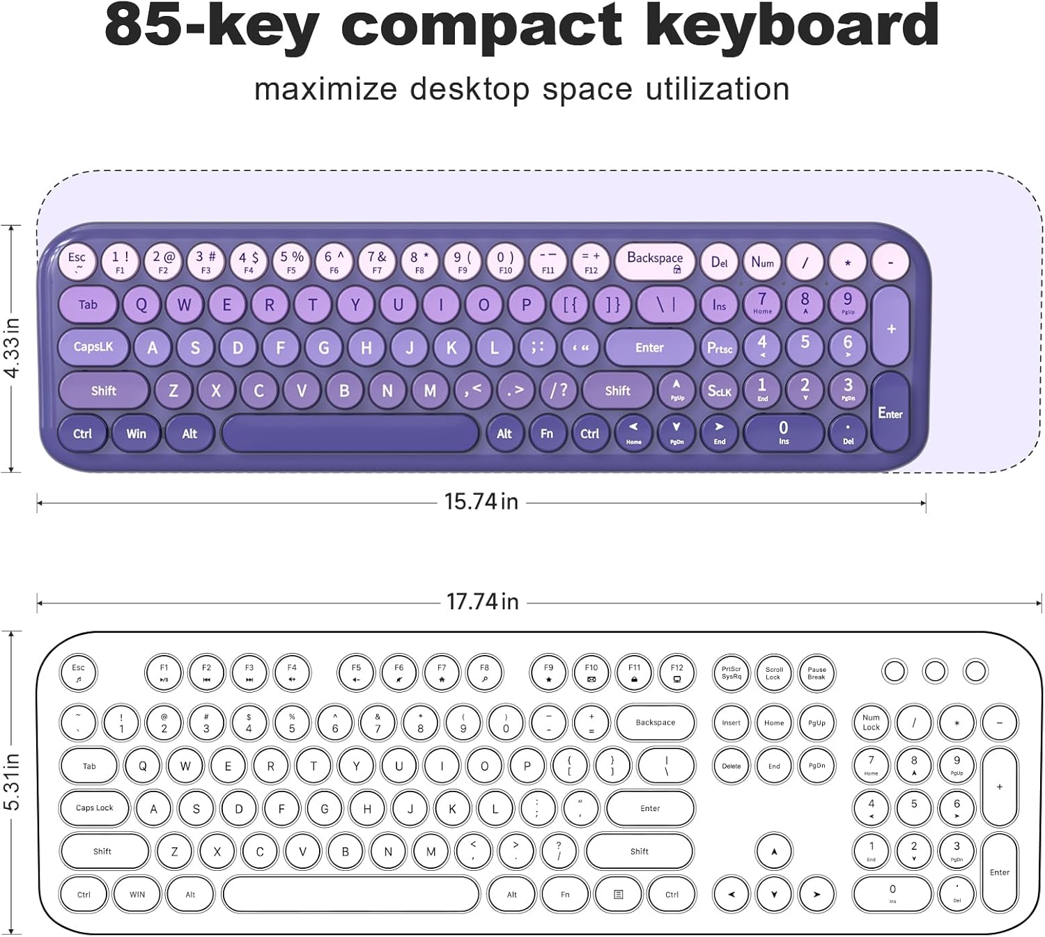 Dilter Wireless Keyboard and Mouse Combo, Portable Retro Keyboard with Compact Size, 2 in 1 USB Connected Mouse for Windows 7/8/10, Laptop, Desktop, PC, Computer (Purple)