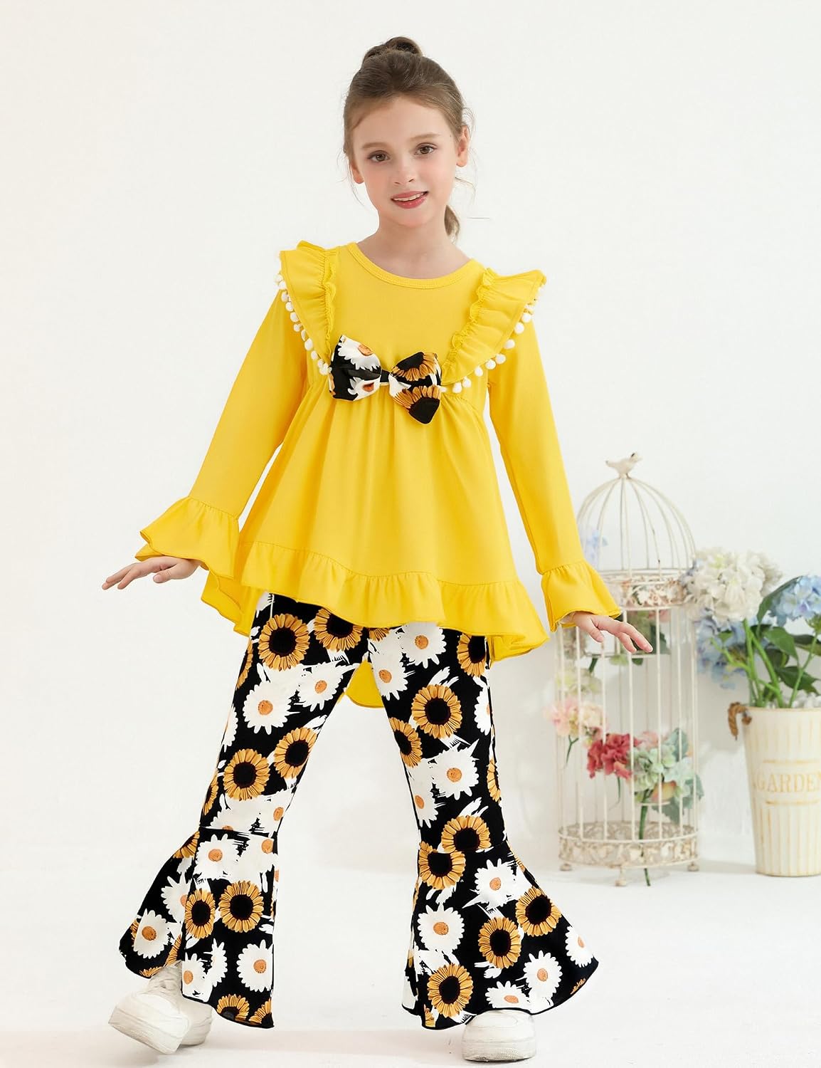 Kids Toddler Girl Clothes Solid Color Ruffle Sleeve Top and Flare Jeans Pants 2Pcs Fall Winter Girl Outfits