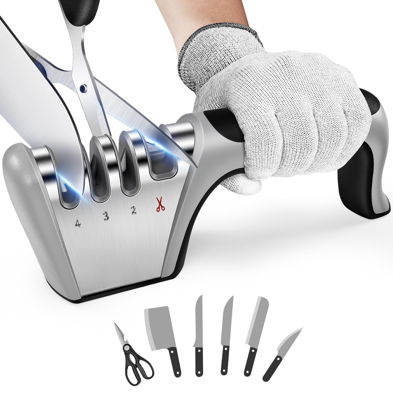THE WHITE SHOP4-in-1 Knife Sharpener, Original Polish Blades, Best Kitchen Knife Sharpener Really Works for Fruit Knife and Steel Knives, Scissors.