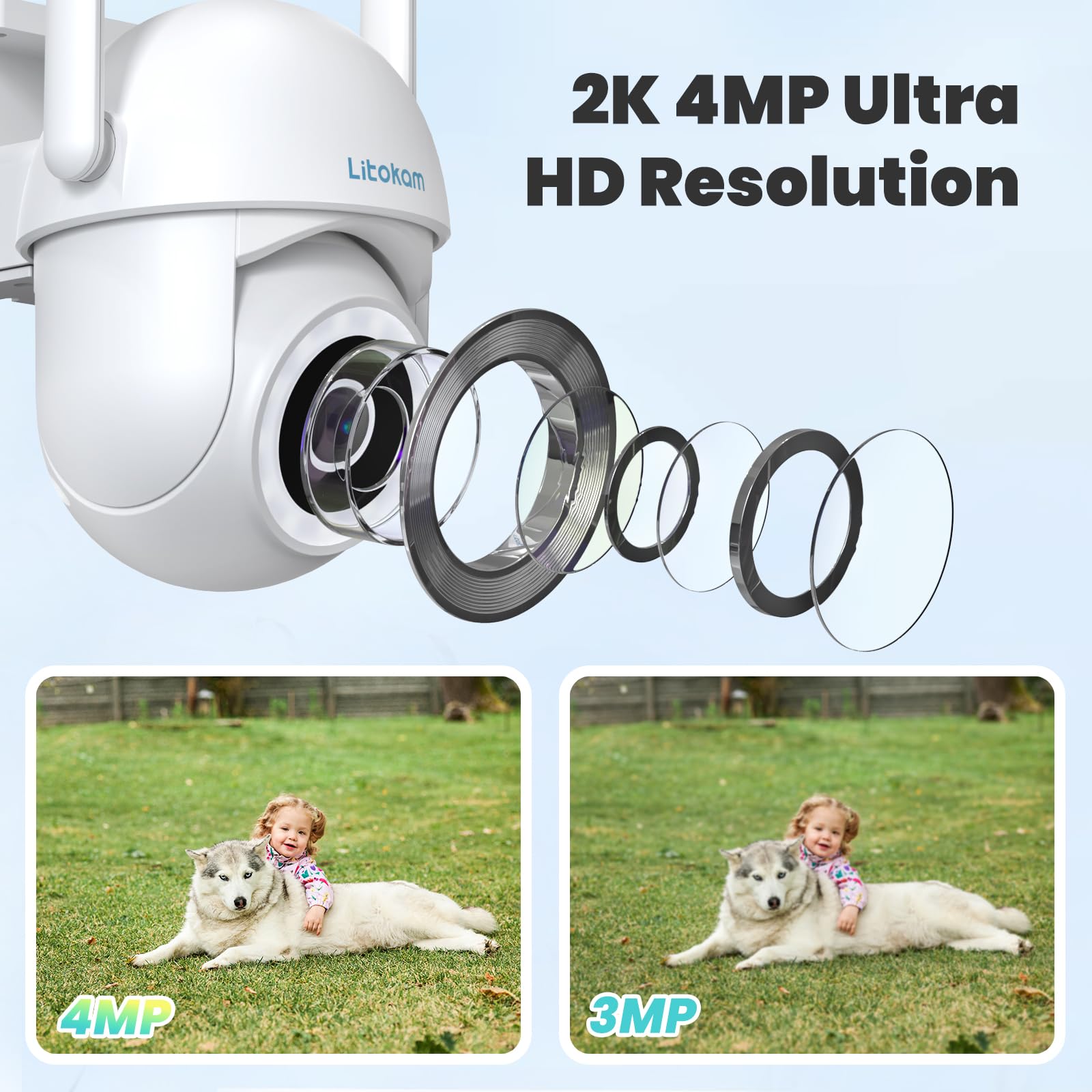 litokam 2K 4MP Überwachungskamera Aussen, 2.4GHz WLAN Kamera Outdoor mit Bewegungserkennung, Zwei-Wege-Audio, 360° PTZ Kamera überwachung aussen, WLAN Überwachungskamera Außen für Babyphone mit Alexa