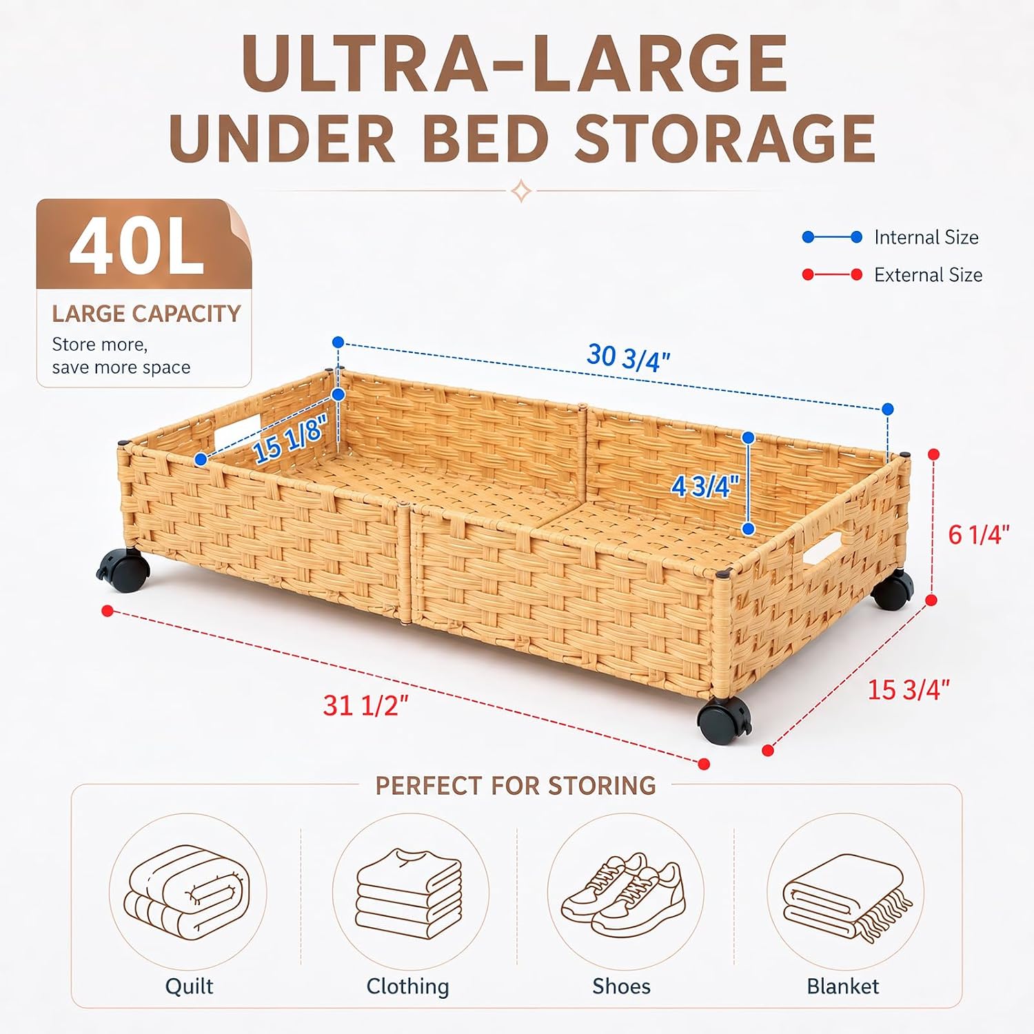 Foldable Under Bed Storage with Wheels, Rolling Wicker 1 Pack 31.5"