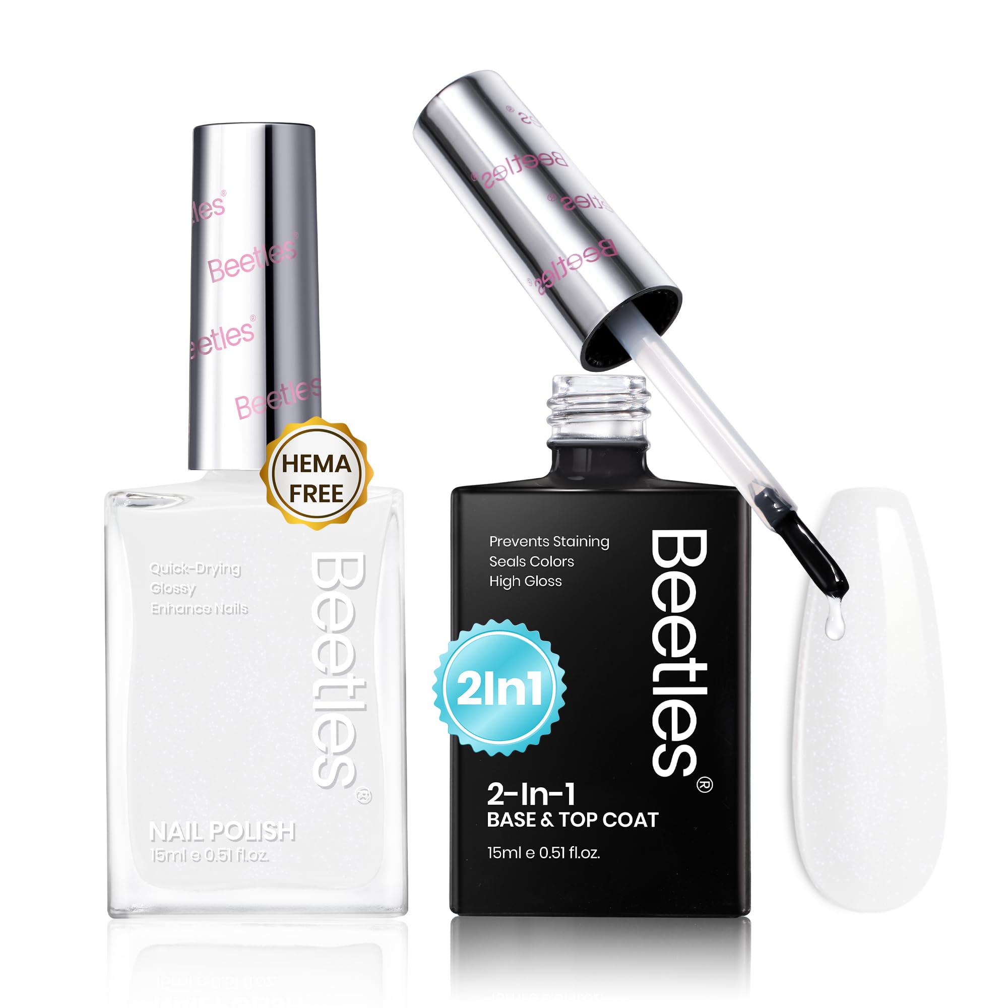 Beetles White Nail Polish - 15ml Milky White Color with 2 in 1 Base Top Coat Quick Dry