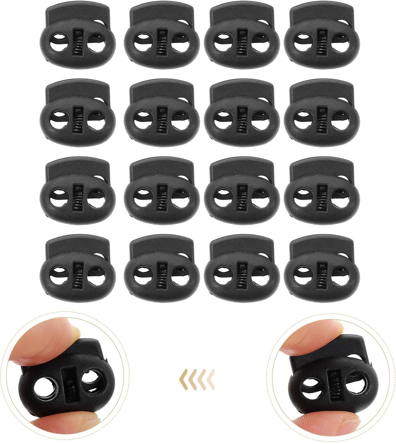 SHINEOFI 200pcs Black Spring Cord Locks Double Hole Fastener Toggles for Drawstrings Adjustable Bungee Rope Cord Stopper Replacement DIY Sewing Crafts