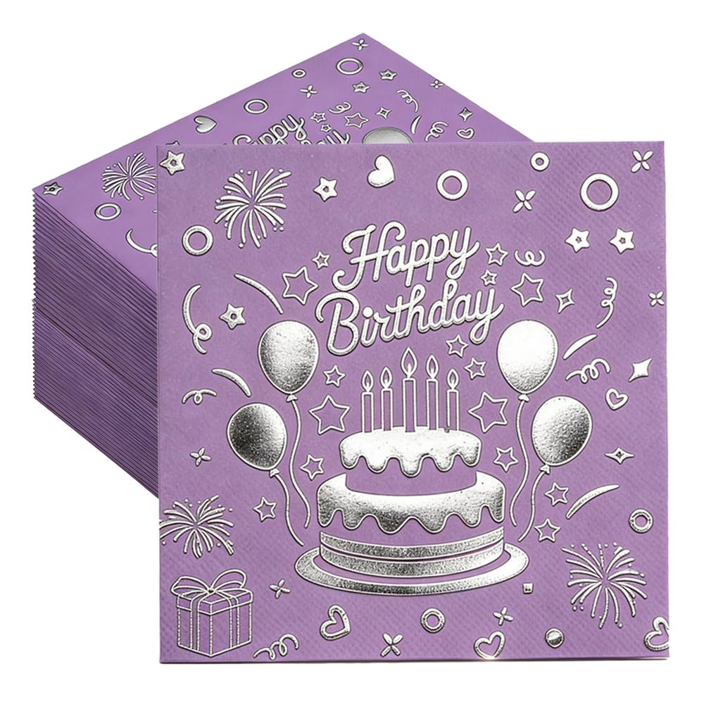 60 Pcs Happy Birthday Napkins, Purple Party Napkins, Premium Gold Foil Disposable Serviettes for 18th 21st 30th 40th 50th 60th Birthday Table Decorations, 33X33cm