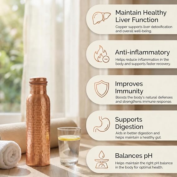 Copper Water Bottle - 34 oz Ayurvedic Design - 100% Pure Handmade Eco-Friendly BPA Free Heavy Duty Lab Tested