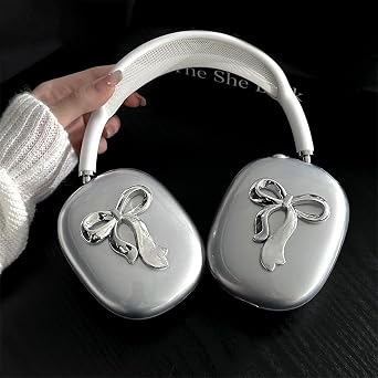 for AirPods Max Case, Woman Cute 3D Silver Bow Protective Case,Clear Soft TPU Ear Cups Headband Cover Protector for Apple AirPod Max