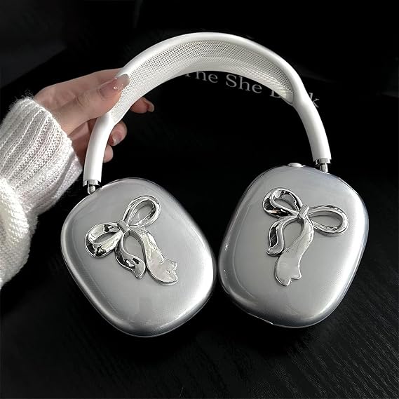 for AirPods Max Case, Woman Cute 3D Silver Bow Protective Case,Clear Soft TPU Ear Cups Headband Cover Protector for Apple AirPod Max