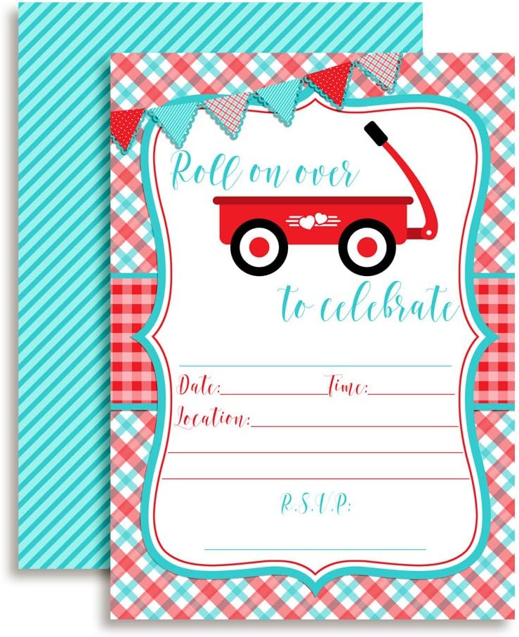 Little Red Wagon Boy Birthday Party Invitations, 20 5x7 Fill In Cards with Twenty White Envelopes by AmandaCreation