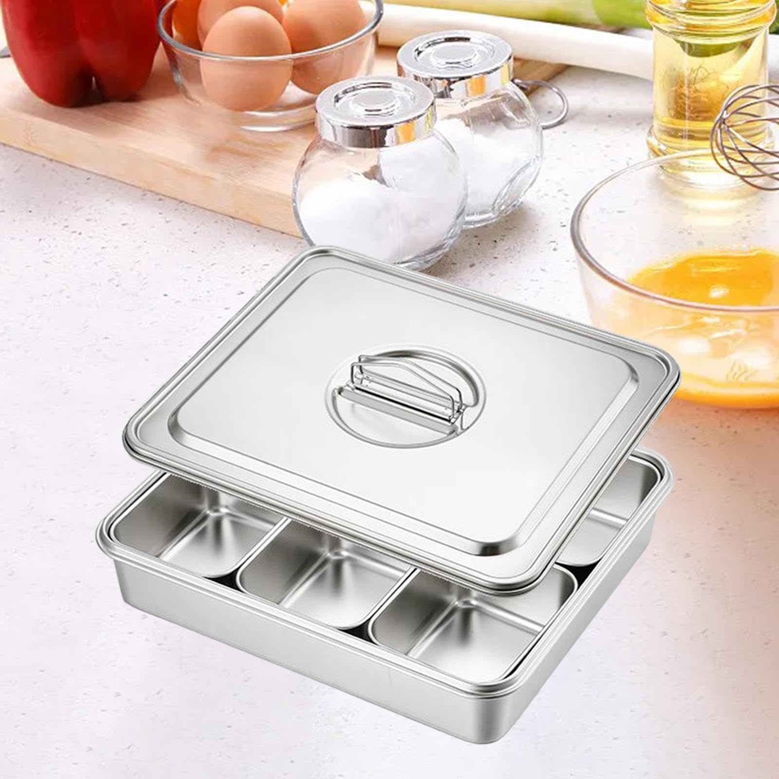 Juego de Calentadores de Comida para Buffet con Tapa, Resistente Al óxido, Bandeja Rectangular para Catering, Ideal para Fiestas, 6 Compartimentos, Individual