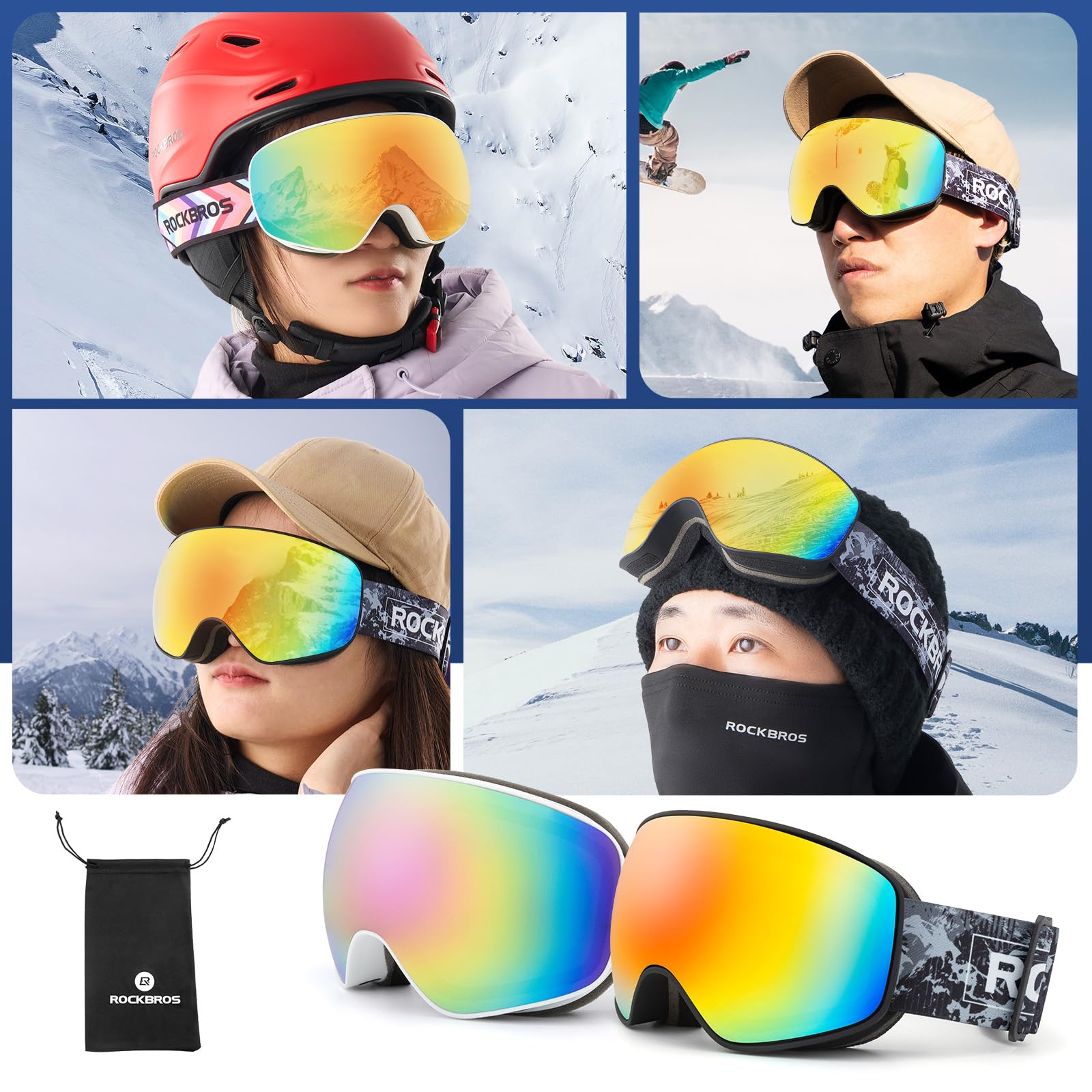 ROCKBROS Maschera da Sci Adulto e Bambini, Ski Goggles per Sci Snowboard, Occhiali per Sciare, Anti-UV, Antiappannamento Antivento, Lenti rivestite, Uomo Donna