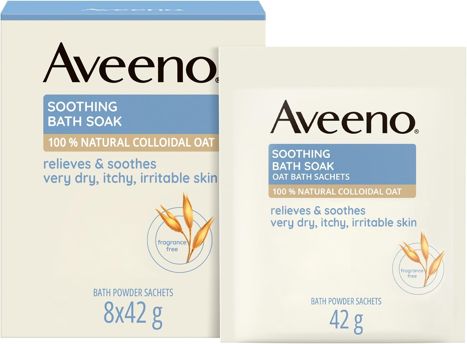 Aveeno Soothing Bath Soak, with 100% Natural Colloidal Oat, Suitable for Sensitive Skin, Relieves & Soothes Very Dry, Itchy & Irritable Skin, 8x42g Powder Sachets