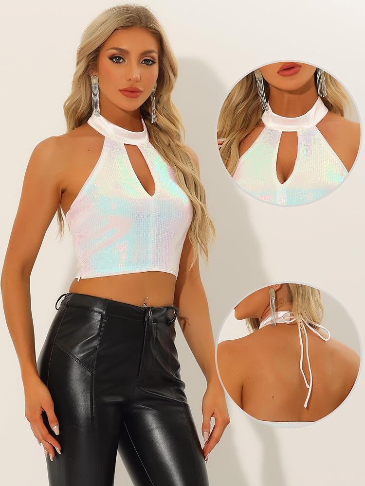カヅアキ Allegra K Metallic Crop Top for Women's Halloween Sleeveless