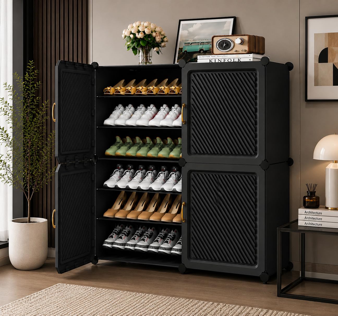 Plastic Shoe Rack for Home with Door | 12-Shelf DIY Shoe Cabinet Organiser | Stores 24 Pairs | Foldable & Waterproof Shoe Stand for Entryway, Bedroom (Grey-HS, 12-Layer)-image-31