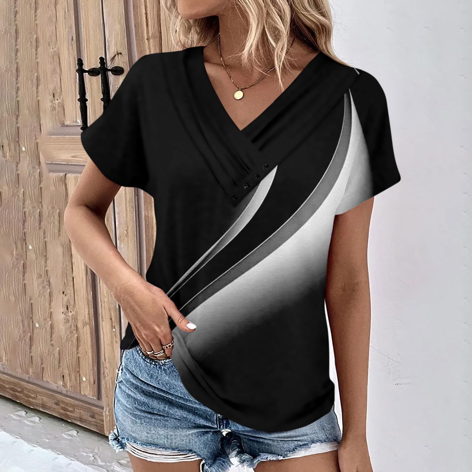 Camicette da donna a maniche corte primaverili eleganti casual vestibilità ampia magliette con bottoni decorazione estiva tinta unita tunica top, Bb-bianco, XX-Large