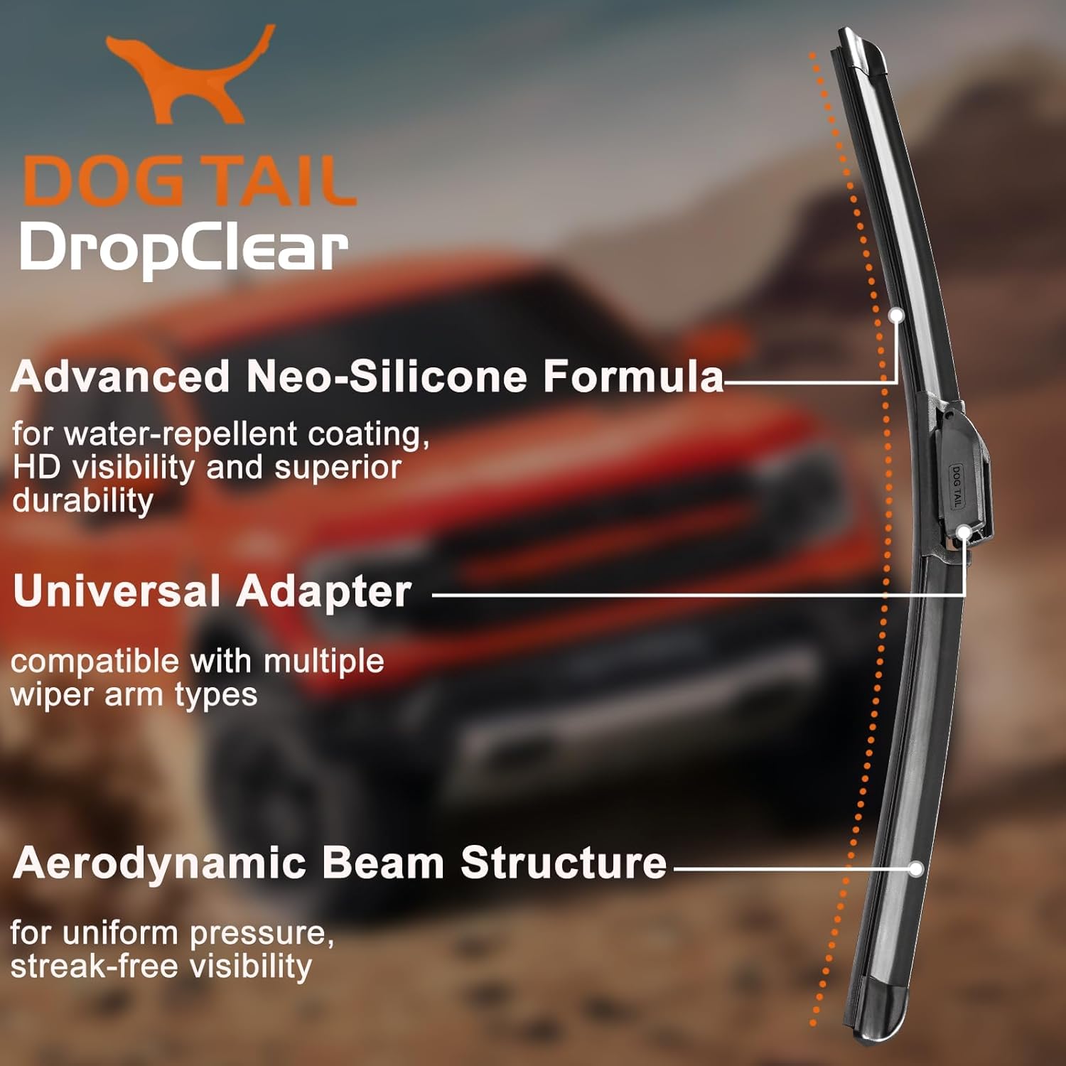 DOG TAIL Water Repellent Silicone Wiper Blades with Multiple Adapters, 18" and 18" Automotive Replacement Front Windshield Wiper Blades Set for My Car with Water Repellency Formula DropClear 18''+18''