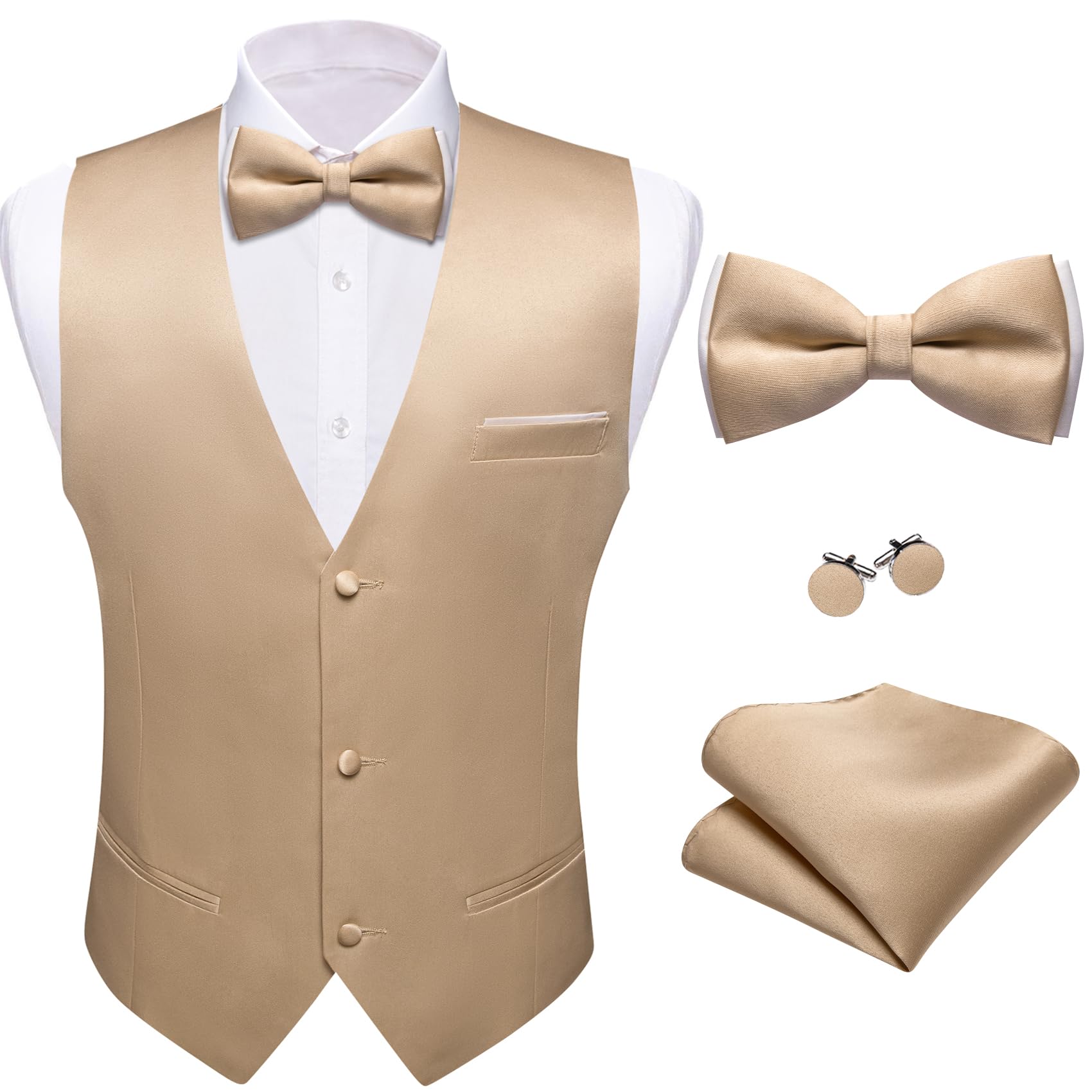 Barry.Wang Mens Suit Vest Bow Tie Set 4PCS Formal V-neck Slim Fit Casual Solid Color Waistcoat Wedding Party Tuxedo