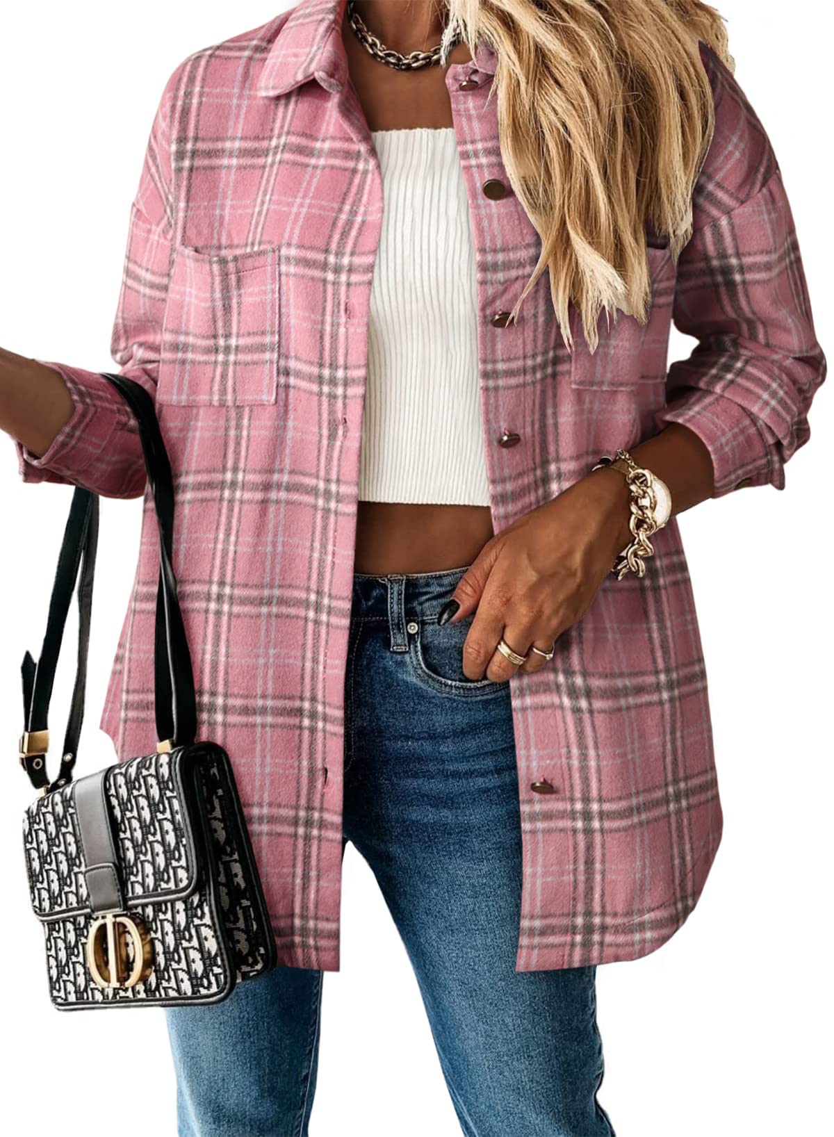 Women Flannel Plaid Shirt Jacket Long Sleeve Shacket With Hood Button Down Blouse Drawstring Fall Tops Casual Outfit - View #5