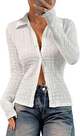 Button Down Shirts for Women Textured Deep V Neck Long Sleeve Casual Tops Slim Fit Ruched Waist Blouse