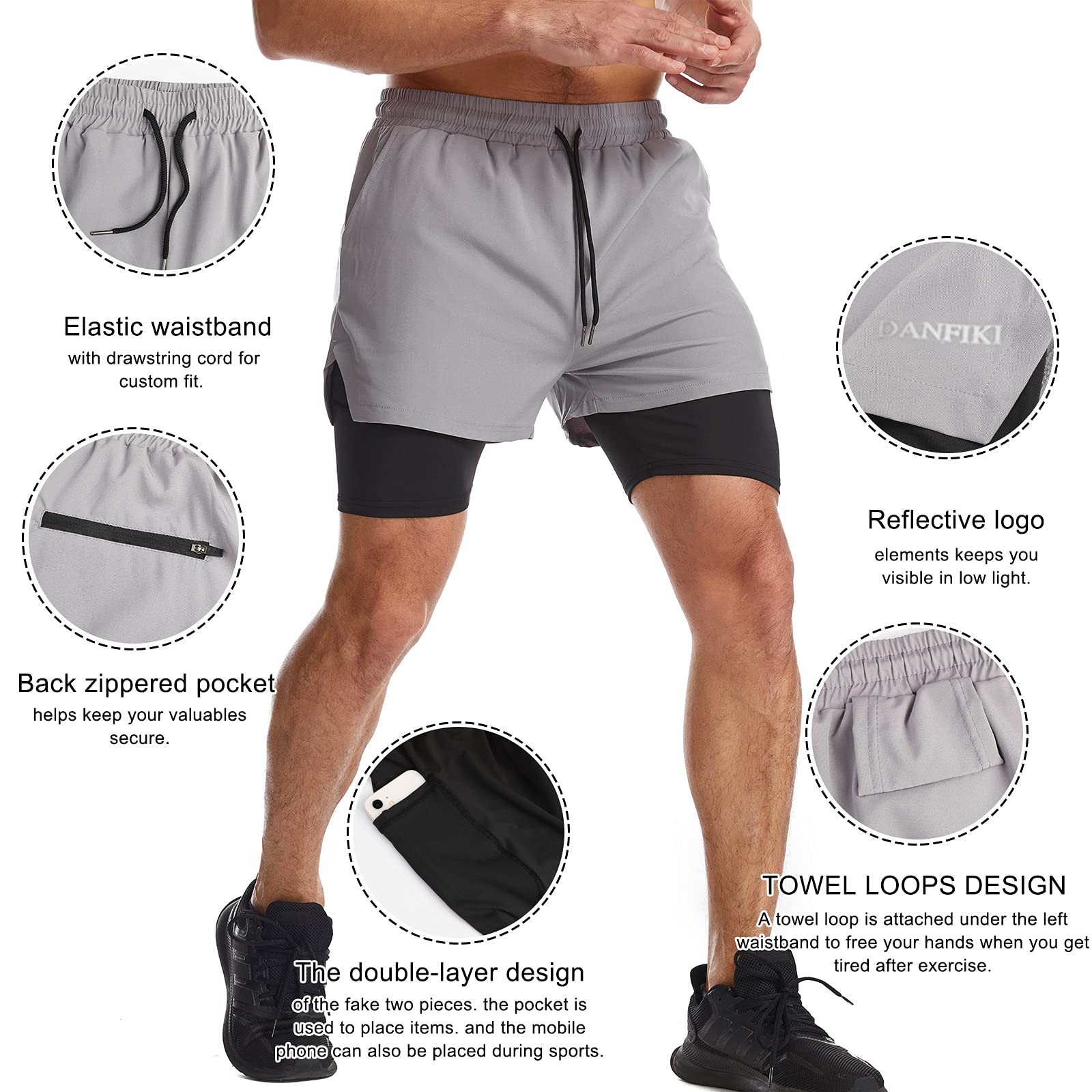 Danfiki Pantaloncini Sportivi da Uomo Running Shorts Asciugatura Rapida con Tasca per Jogging Tennis Fitness Allenamento 2 in 1