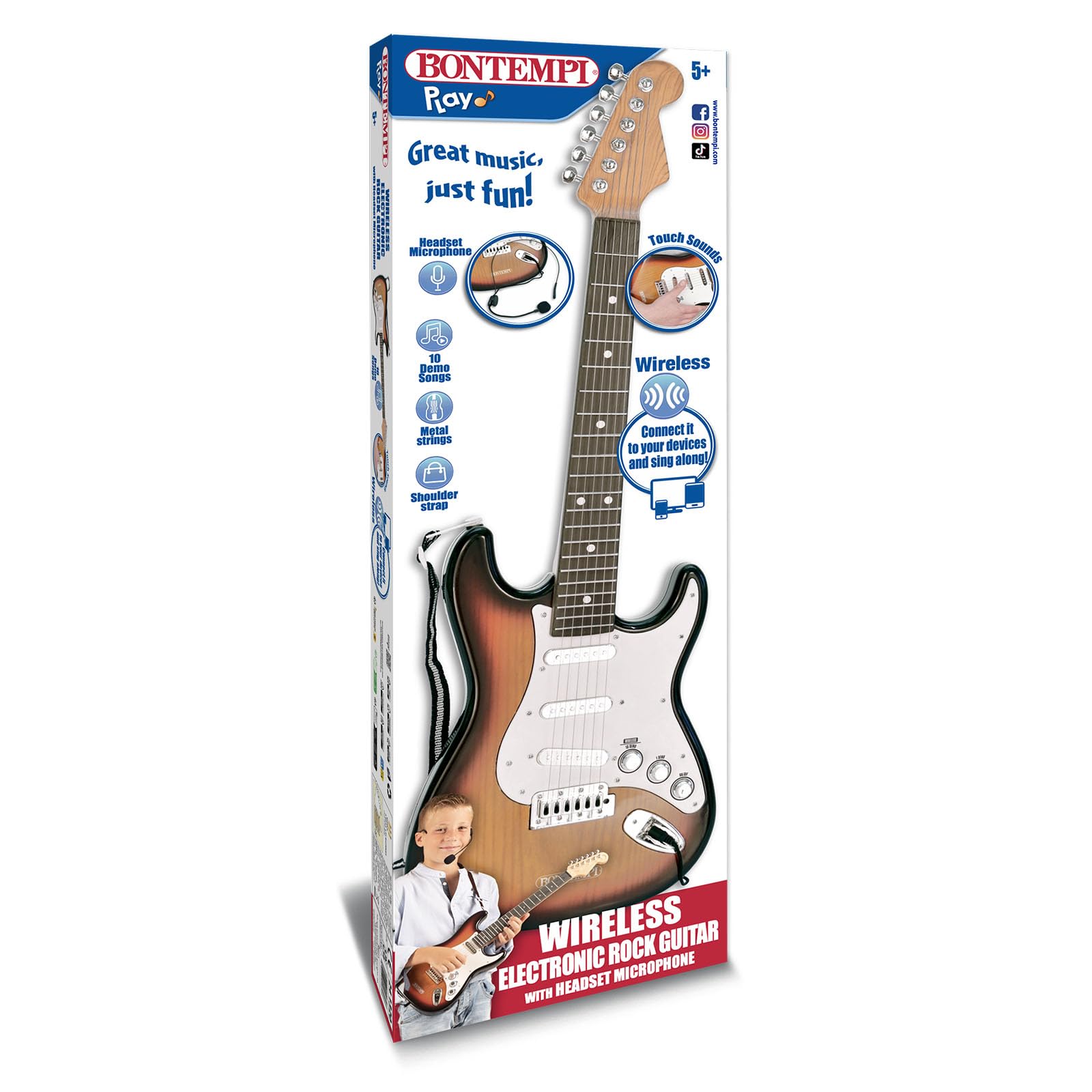 BONTEMPI - Rock On Bezprzewodowa Elektroniczna Gitara Rockowa z Mikrofonem na Głowę, Pasek na Ramię, 10 Wstępnie Nagranych Utworów, 67 cm