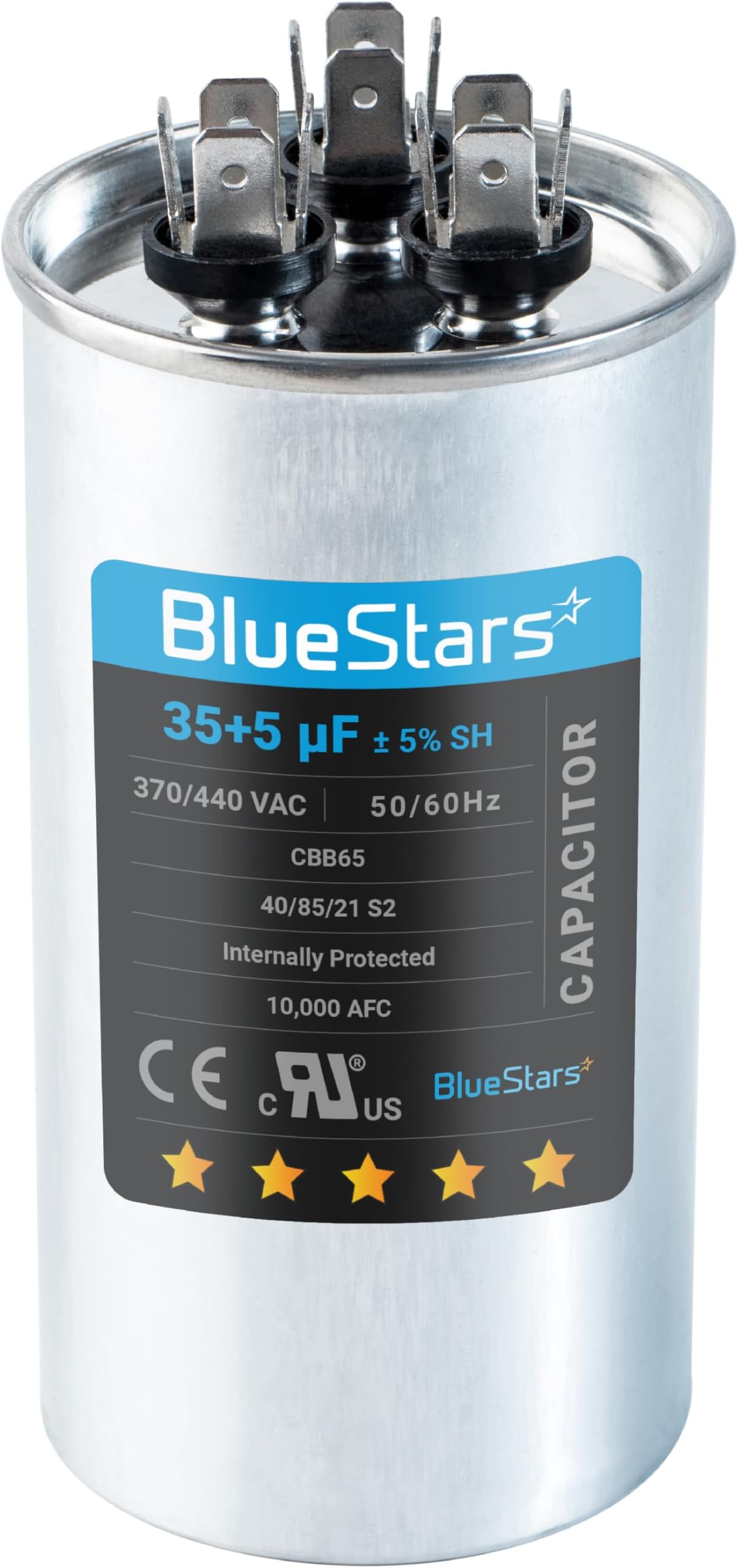 [UL Certified] BlueStars 35+5 uF 35/5 MFD 370-440VAC Dual Run Round Air Conditioner Capacitor - Fits AC Unit Fan Motor Start or Heat Pump or Condenser Straight Cool - Replaces 97F9834 Z97F9834