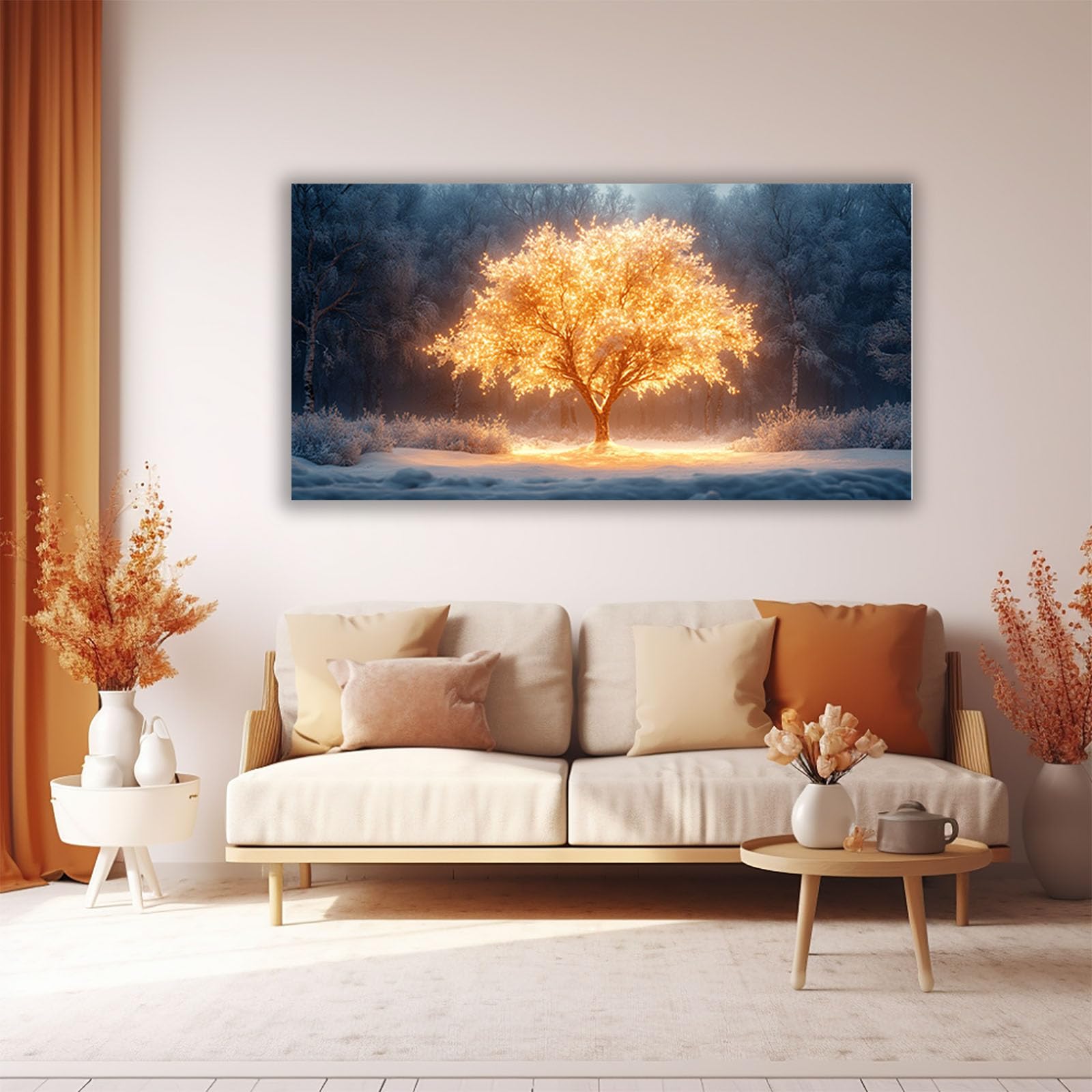 TERUEA Cuadros Decoracion Salon yoga femenino Lienzos decorativos Patrón: Árbol Iluminado Oro y Azul, Bosque Nevado​ Moderno Dormitorio Cocina Cuadros Pared Imágenes （Blanco​-50x100cm1 Sin marco