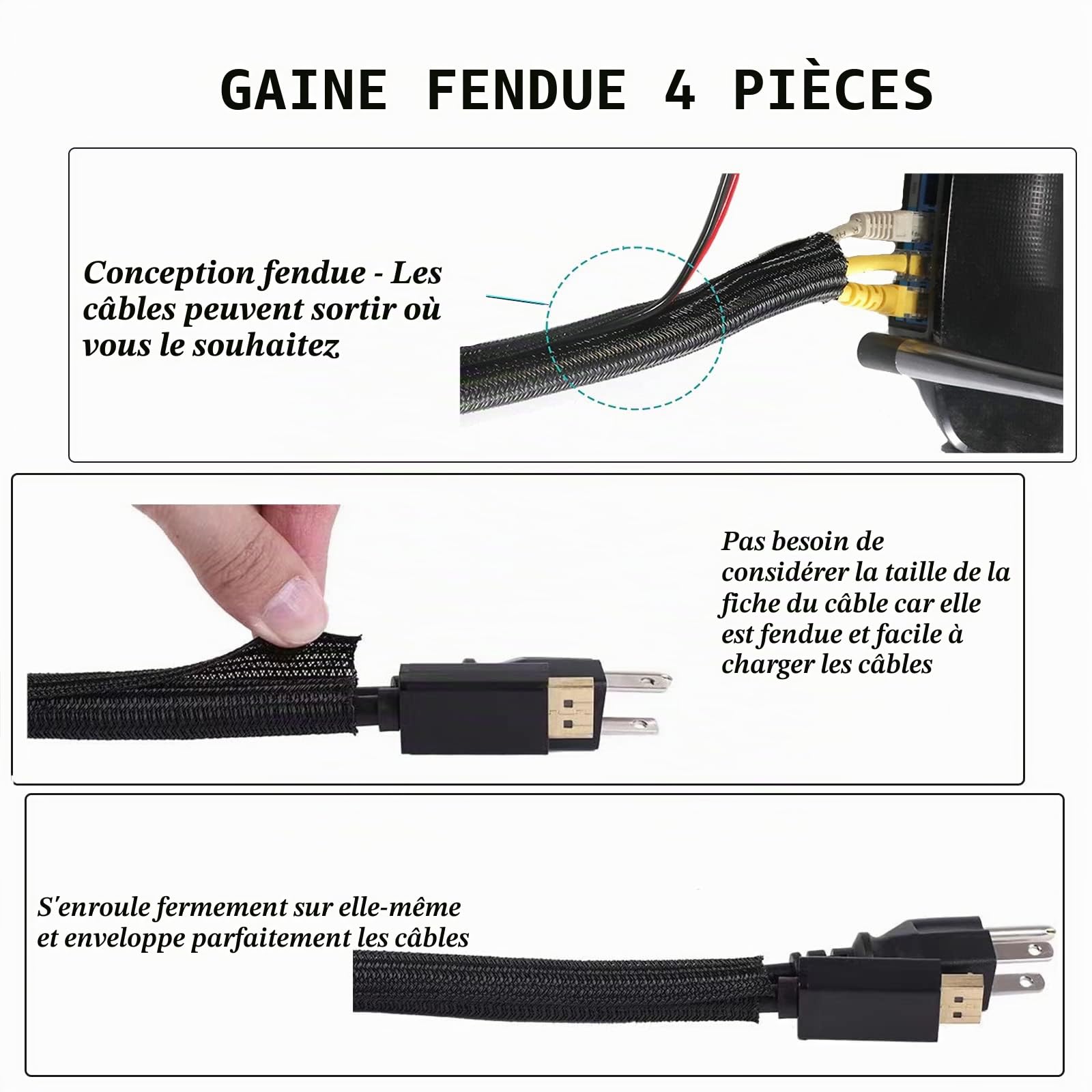 N NOROCME Kit de câbles 192 pièces – Manchon de rangement, supports, clips, sangles et attaches pour ordinateur et télévision sous le bureau – Noir