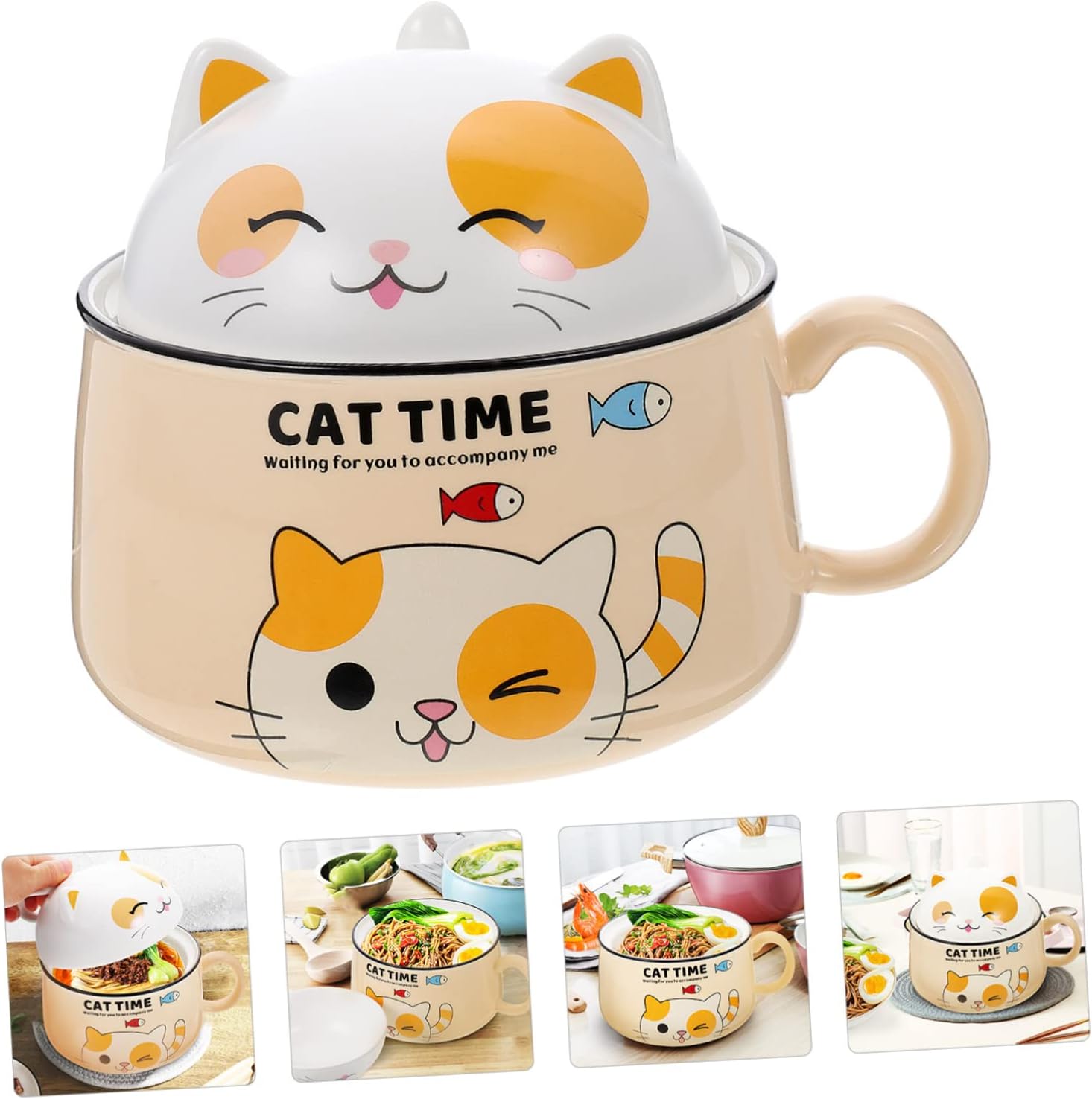 PRETYZOOM 1020mL Ceramic Cat Bowl Handle Cartoon Decorative Instant Noodle and Soup Bowl Microwave Dishwasher Safe for Cats and Pets