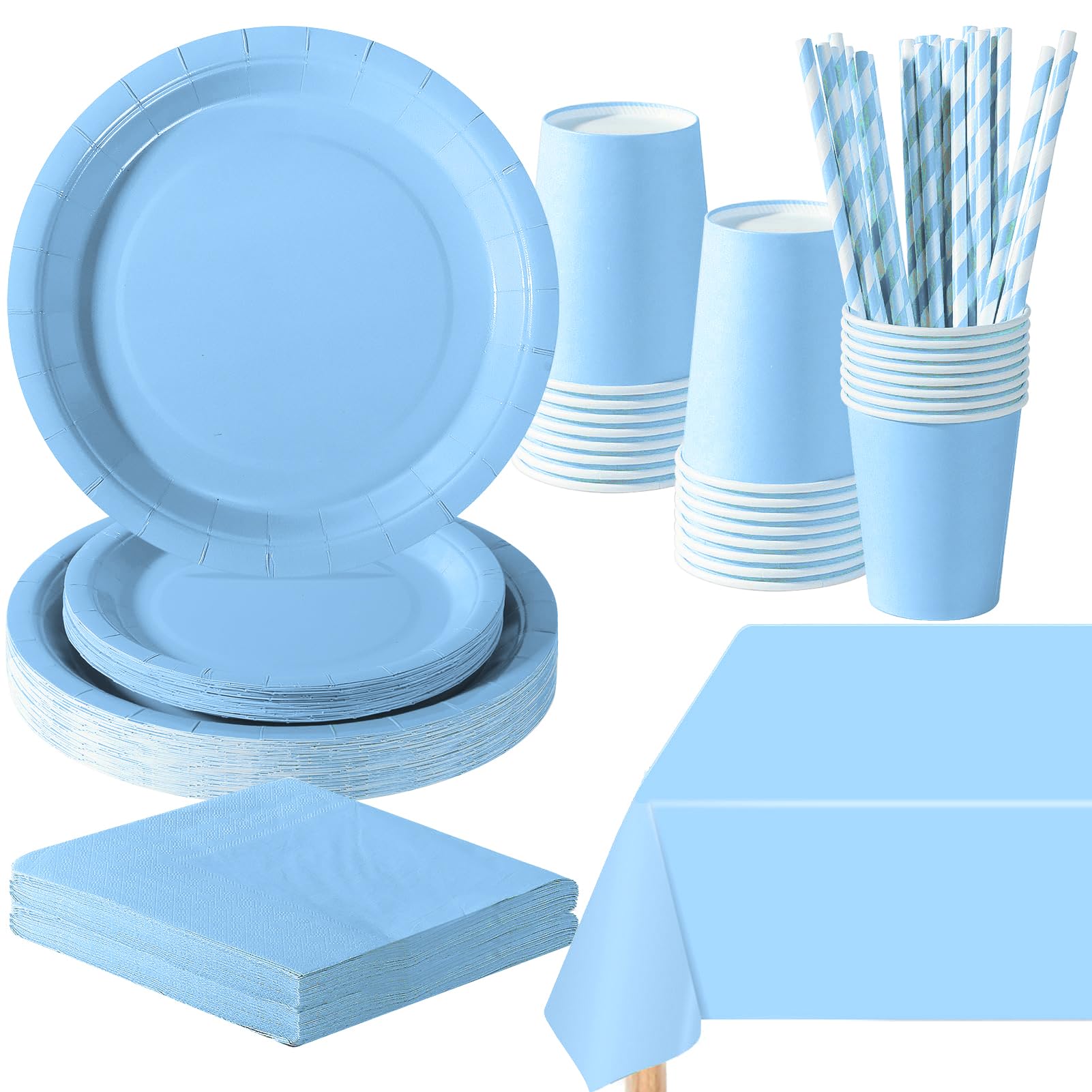 PYAILI 121 Pcs Baby Blue Party Tableware Set, Paper Plates Cups Napkins Tablecloth, Dinnerware Set for Kids Adult Birthday,Wedding,Baby Shower Party Tableware
