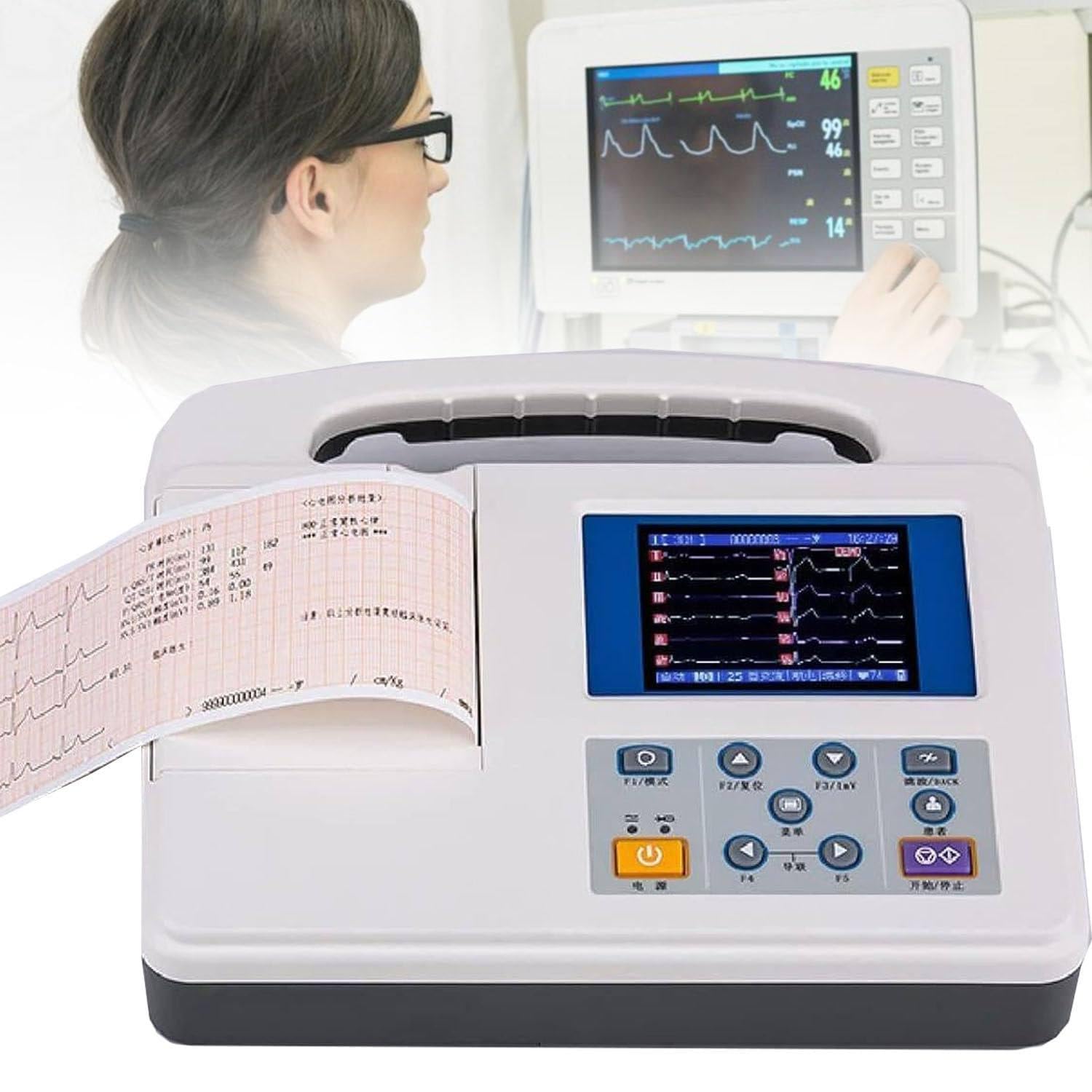 Monitor ECG Portatile - Monitor Cardiaco Mobile, Elettrocardiografo Digitale a 12 Derivazioni E 3 Canali Con Display Lcd a Colori, Monitor Ecg Digitale Con Carta per La Stampa per Uso Domestico