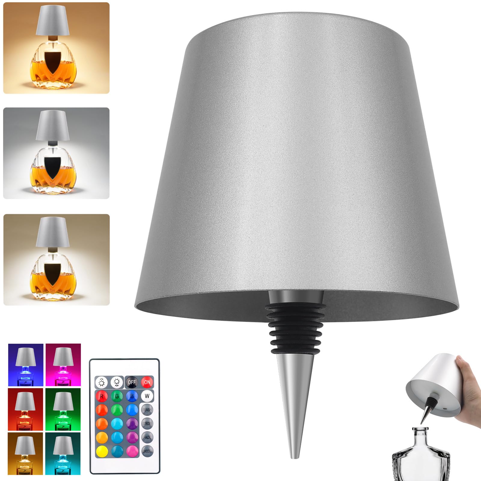 TGXCF Wireless Bottle Lamp with Remote Control, Rechargeable RGB Wine Bottle with 3Modes Light Dimming, Waterproof Bottle Touch Lamp Head for Room,