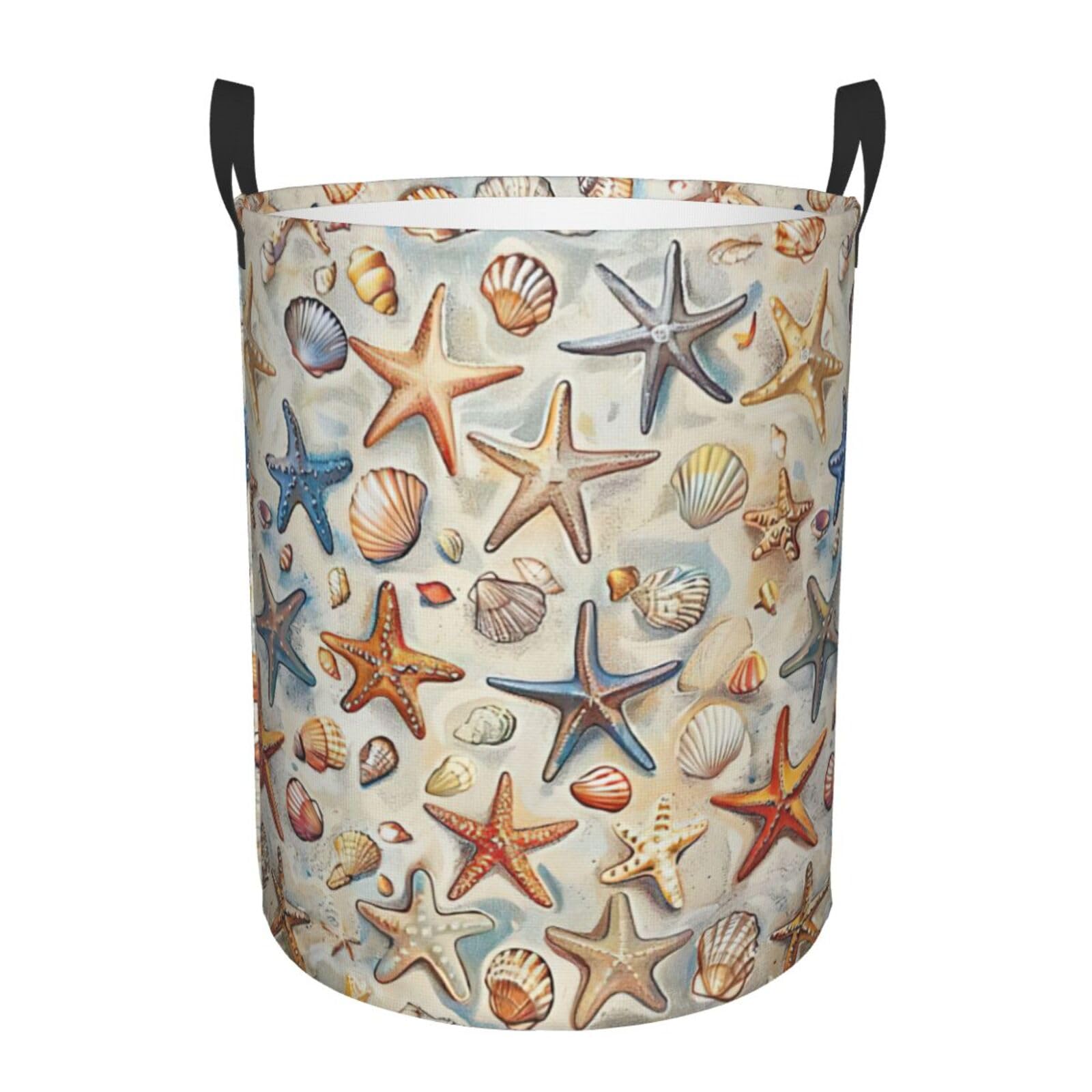 S Collapsible Laundry Hamper Round Starfish and Seashell Pattern Print Storage