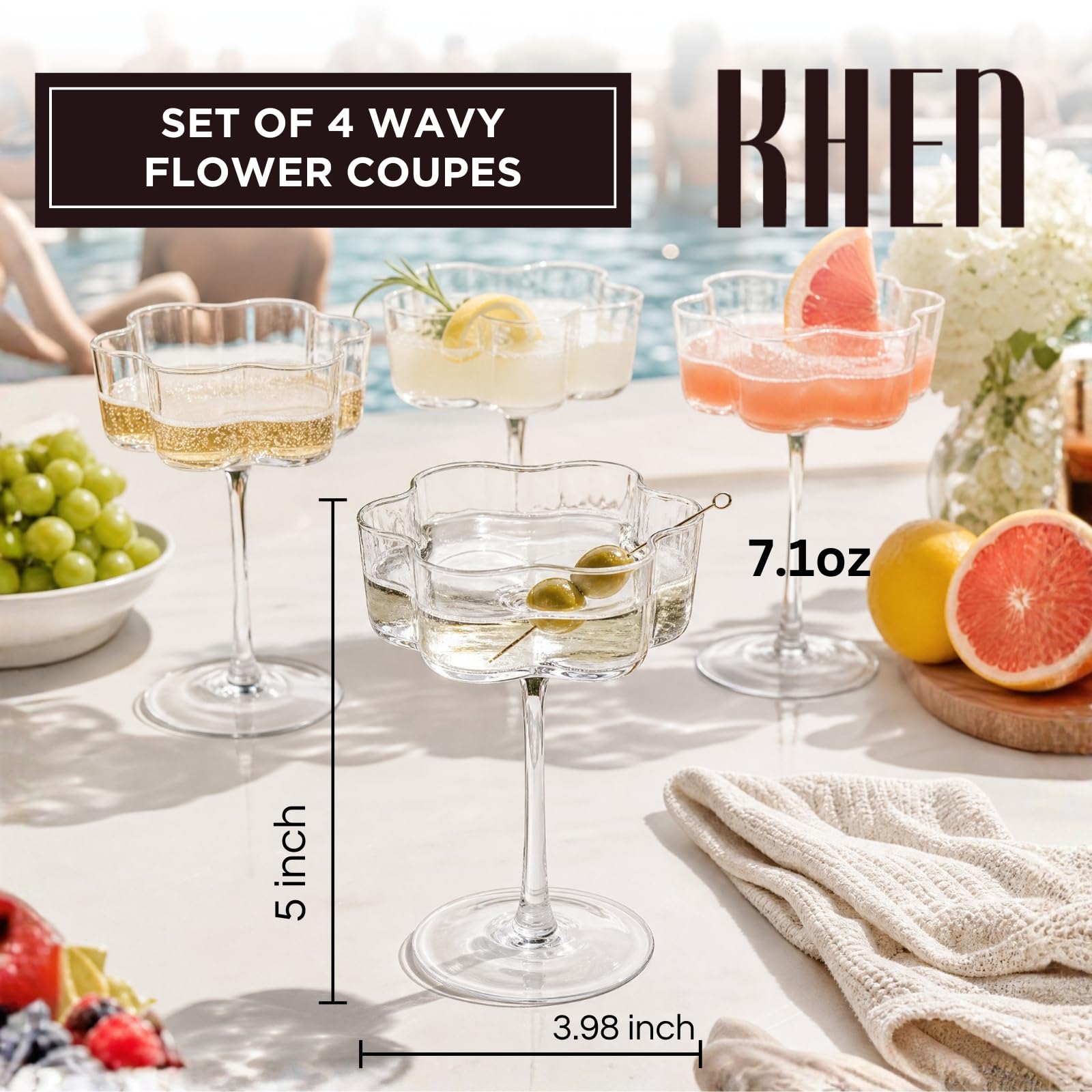 Juego de 4 copas de champán onduladas con diseño de pétalos ondulados vintage festoneados de flores, 7 onzas, martini, champán y cócteles, juego de 4 copas de champán onduladas transparentes, elegante