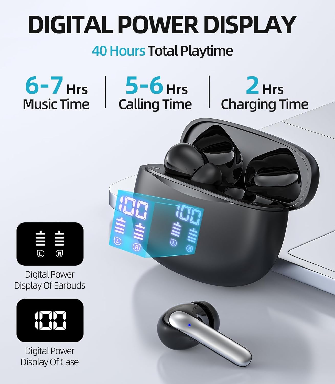 Wireless Earbuds, Bluetooth 5.3 Headphones [Support Wireless Charging] 40H Playback Deep Bass Stereo Earphones with Dual Mic Clear Calls with LED Display for iPhone Android TV Laptop Sports - Image 8