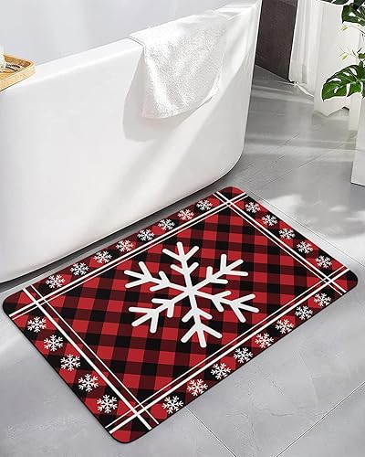 Tapete de baño, diseño de copos de nieve de invierno rojo y negro, a cuadros, de secado rápido, antideslizante, absorbente, delgado, tapete de ducha