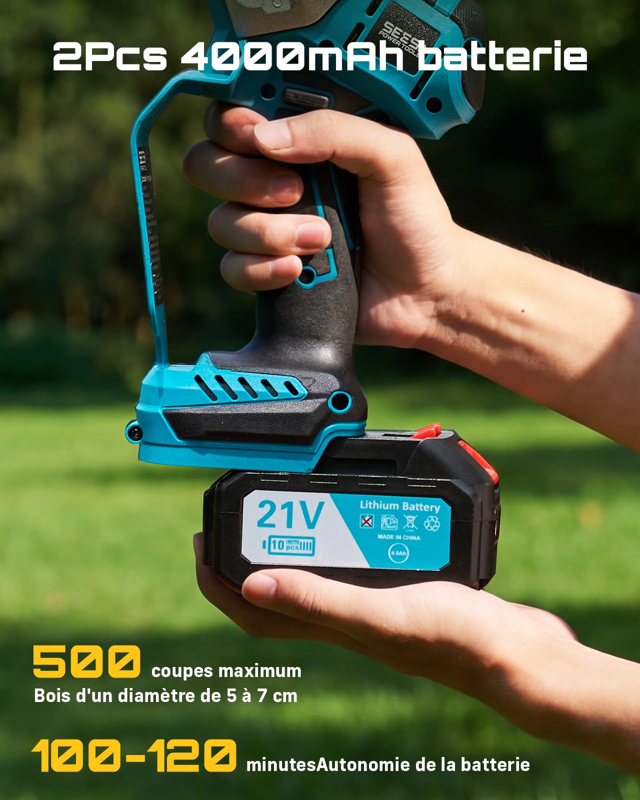 SEESII Mini Tronconneuse à Batterie 6 Pouces, Tronçonneuse Électrique Sans Balais, avec 2 * 4000 mAh Batterie, Lubrification Automatique, Compatible Makita 18V, Idéal Extérieur & Jardinage
