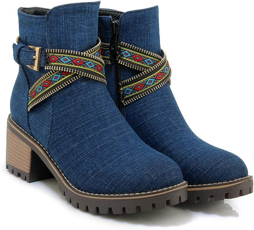 VOKLIN Women's Fashion Denim Dressy Ankle Booties Round Toe Ethnic Zipper Stacked Mid Heel Riding Short Boots