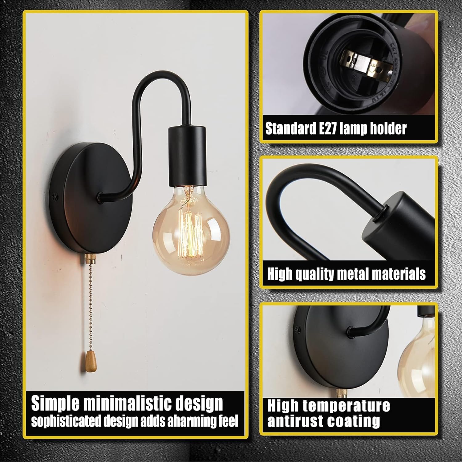 Black Pull Chain Wall Sconce with Switch Vintage Wall Lights E26 Industrial Wall Lamp Retro Wall Lighting Hard Wired Sconces Lighting for Mirror Bedroom Hallway