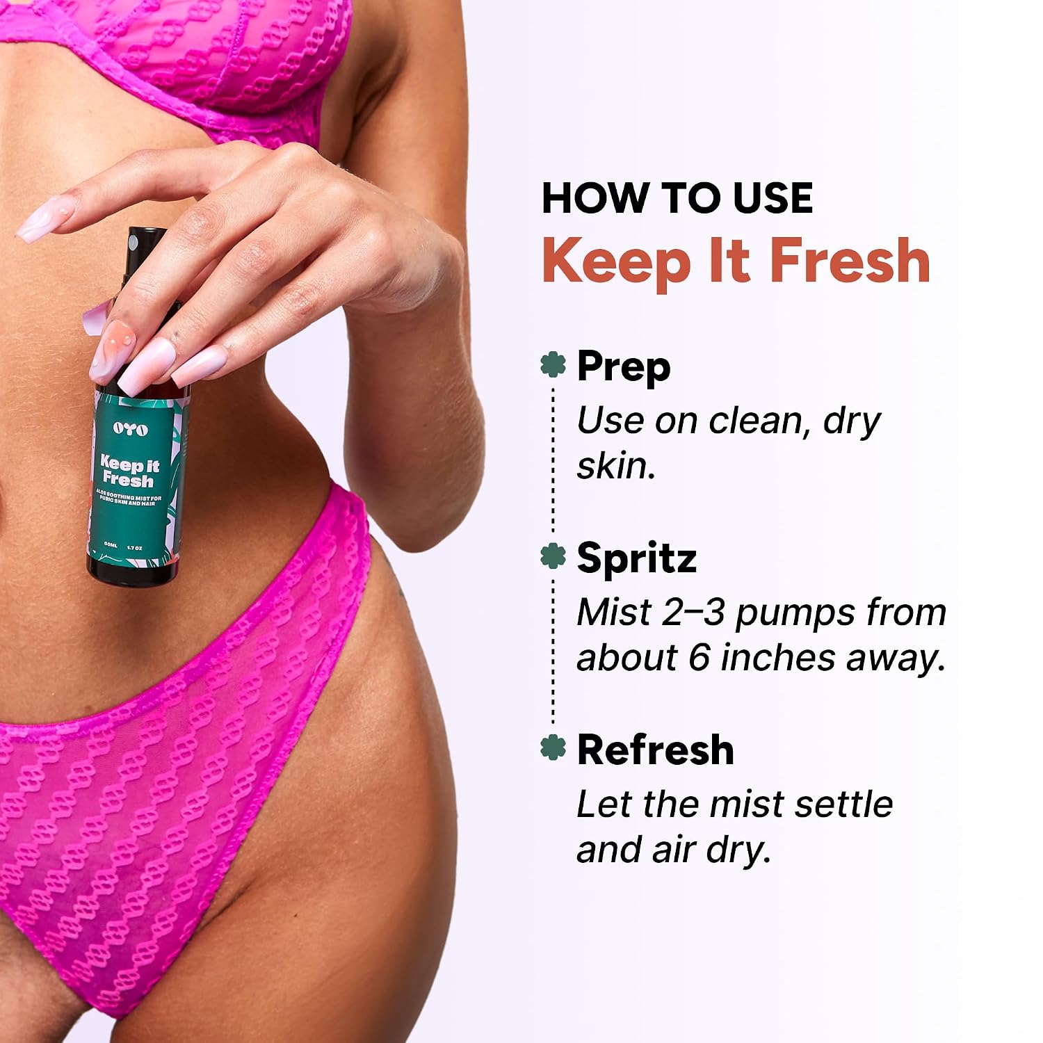 OYO Keep It Fresh Intimate Hydrating Mist for Women, Post Shave Spray for Bikini Line & Underarms, Soothing Aloe Vera Mist for Sensitive Skin, 50 mL