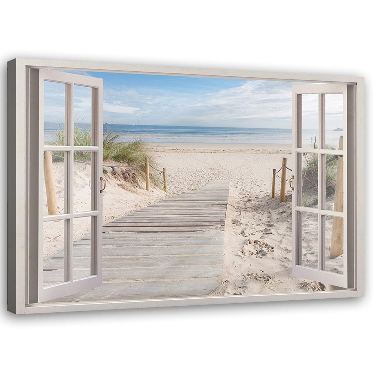Feeby Obraz na Płótnie Canvas Morze Niebo Piasek Plaża 120x80 cm 1-częściowy Obraz na Ścianę Dekoracja Ścienna do Salonu Sypialni Biura Obraz Ścienny XXL Nowoczesny Iluzja 3d Okno Beżowy