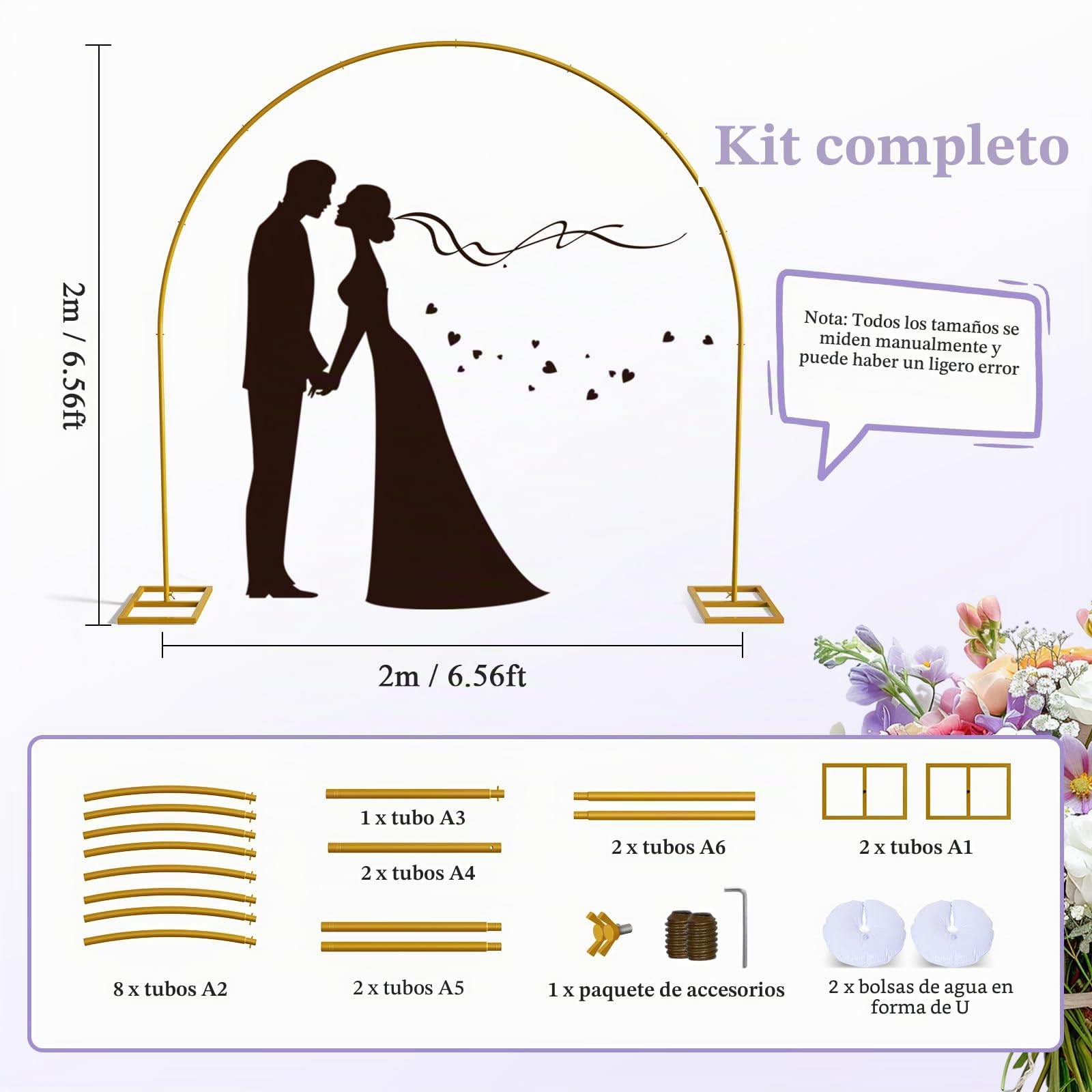 Arco de Boda de 2m con Soporte de Metal Resistente, Estructura para Globos con Base Reforzada y Bolsas de Agua en U, Decoración para Bodas, Cumpleaños, Fiestas, Graduaciones – Dorado