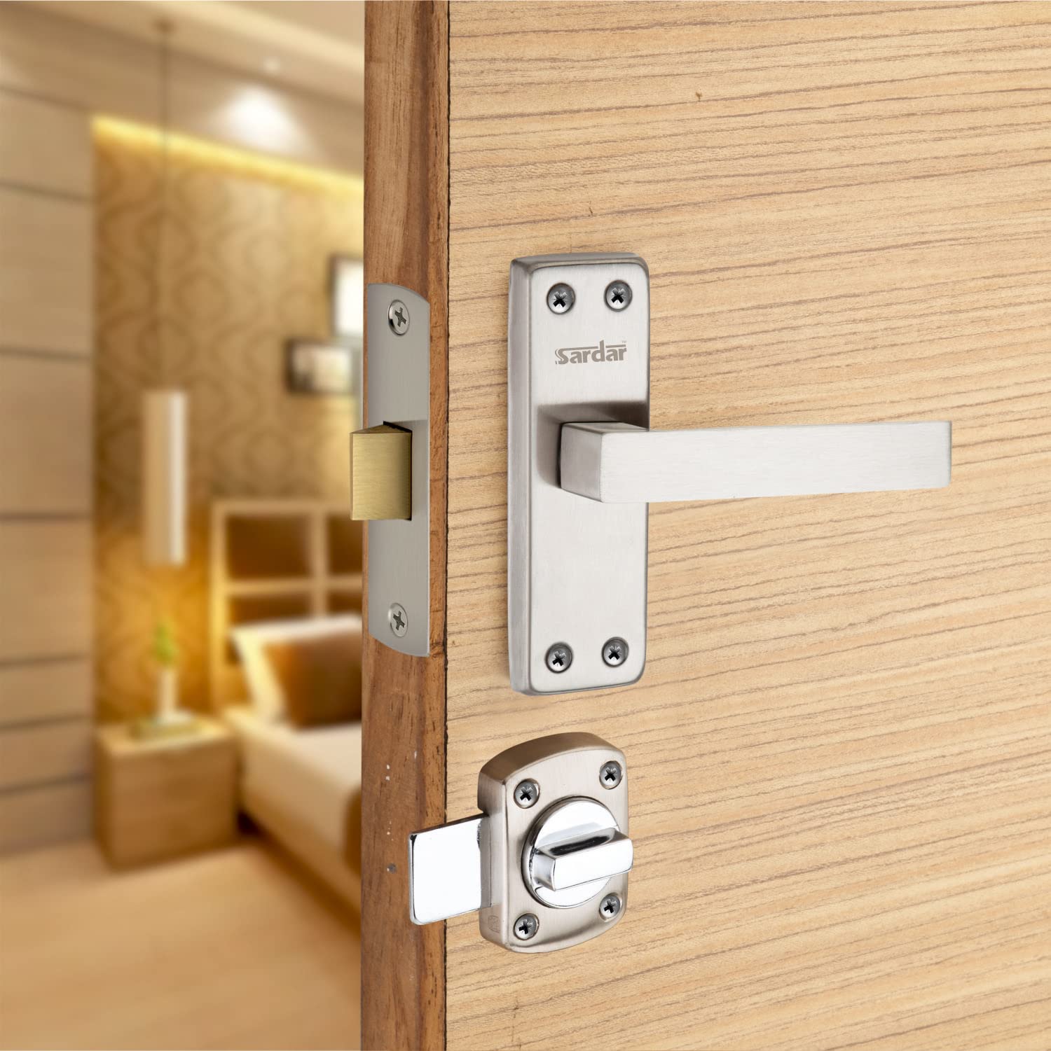 SARDAR Square 5" Stainless Steel Iron Bathroom Door Handle Set with Keyless Baby Latch/Tower Bolt/Push to Close Latch — Amazon image 3