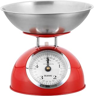 Báscula Cocina Silvano, Balanza de Alimentos, Diseño Retro, Pantalla Analógica, Alta Precision, Capacidad Máxima de 5 Kg, Cuenco de Acero Inoxidable Incluido, Color Rojo, Limpieza Sencilla